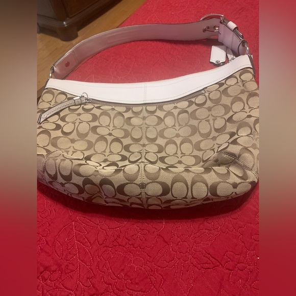 Coach Logo CC Monogram Luxury Handbag Tan White Shoulder Bag Hobo Style PreOwned - Picture 5 of 8